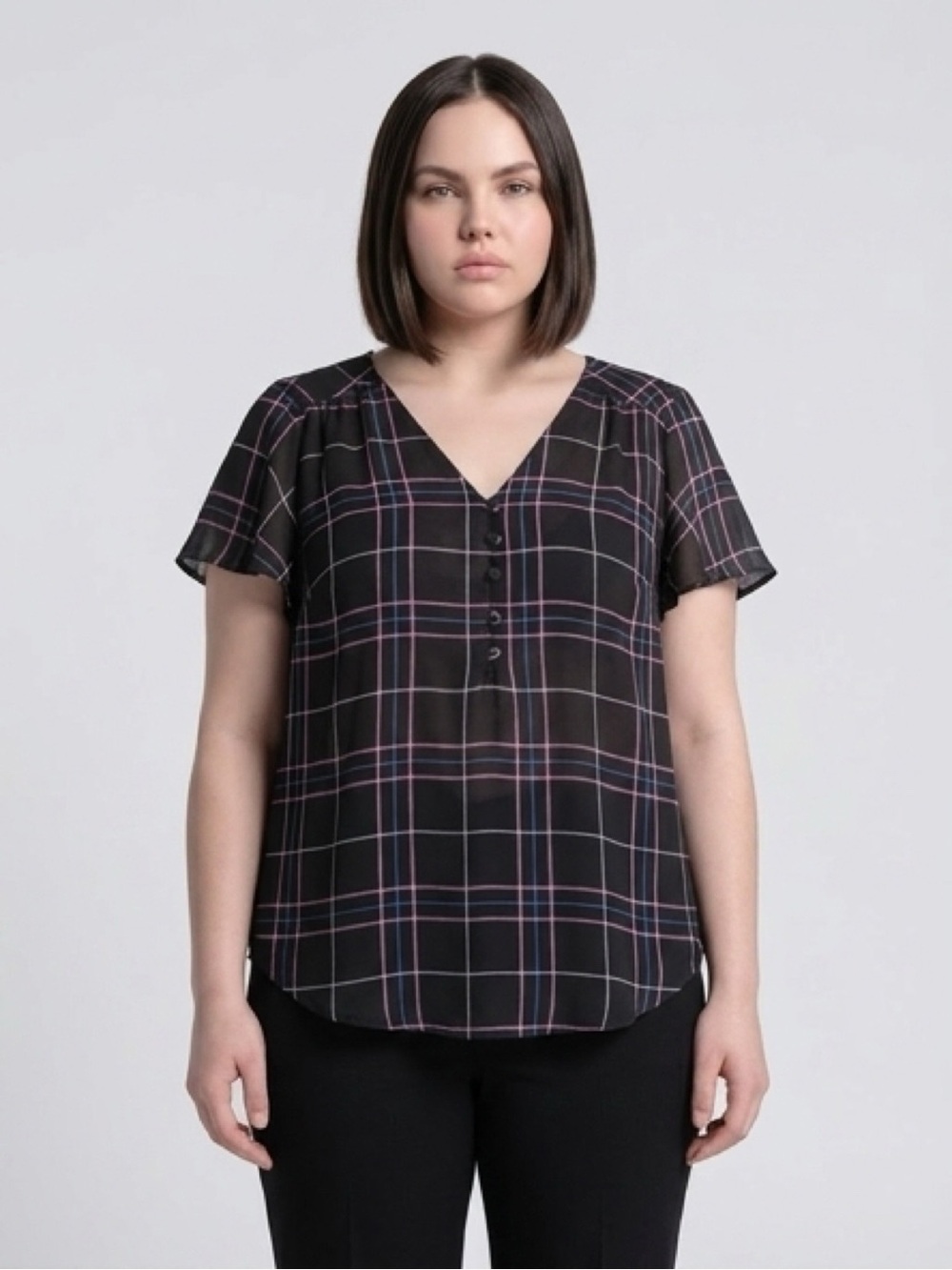 torrid Black Plaid V-Neck Blouse with Pink Trim